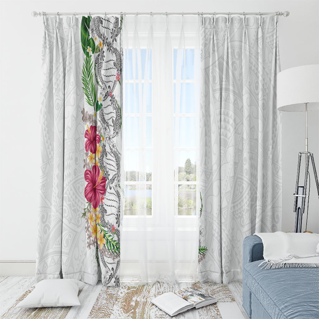 Hawaii DNA Kakau Tattoo Window Curtain with Plumeria and Hibiscus Tropical Plants White Color