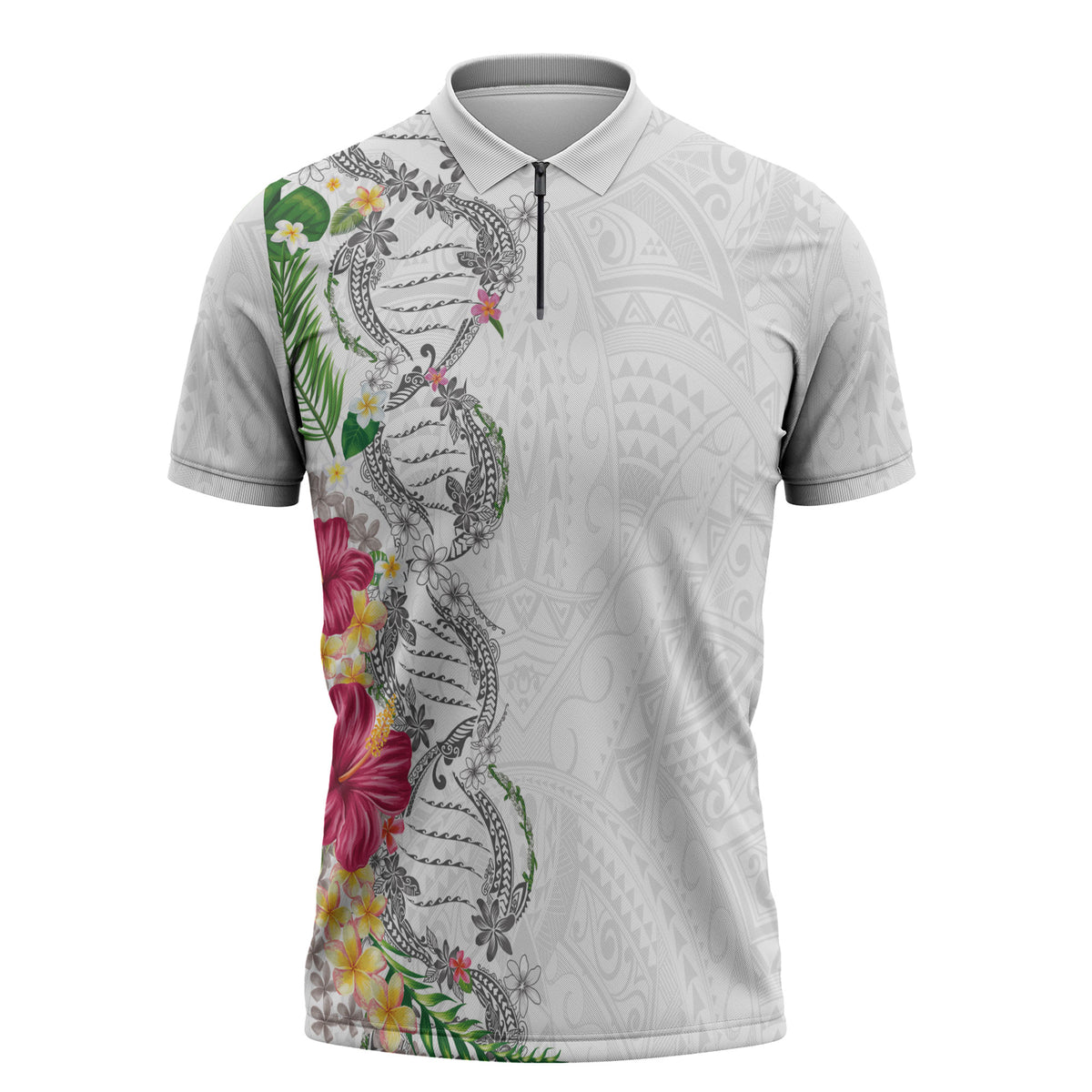 Hawaii DNA Kakau Tattoo Zipper Polo Shirt with Plumeria and Hibiscus Tropical Plants White Color