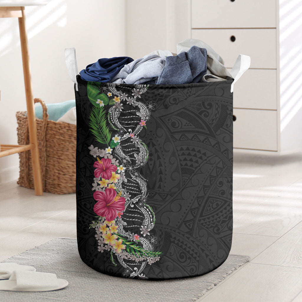 Hawaii DNA Kakau Tattoo Laundry Basket with Plumeria and Hibiscus Tropical Plants Black Color