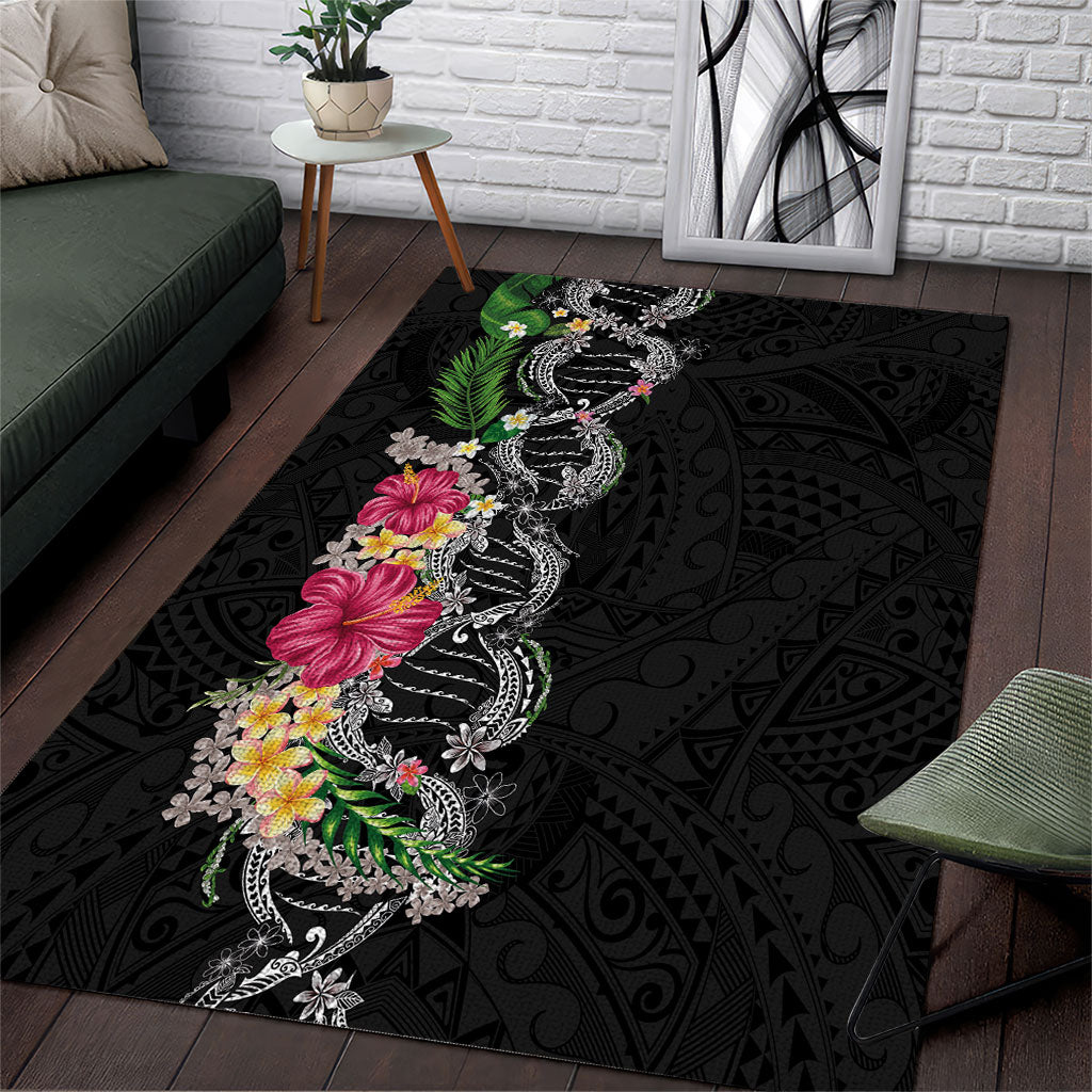 Hawaii DNA Kakau Tattoo Area Rug with Plumeria and Hibiscus Tropical Plants Black Color