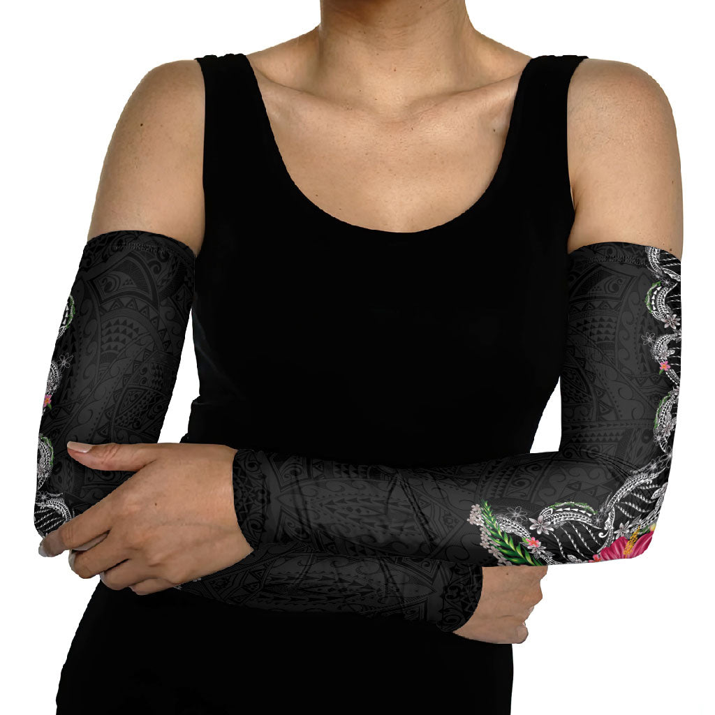 Hawaii DNA Kakau Tattoo Arm Sleeves with Plumeria and Hibiscus Tropical Plants Black Color LT03 - Polynesian Pride