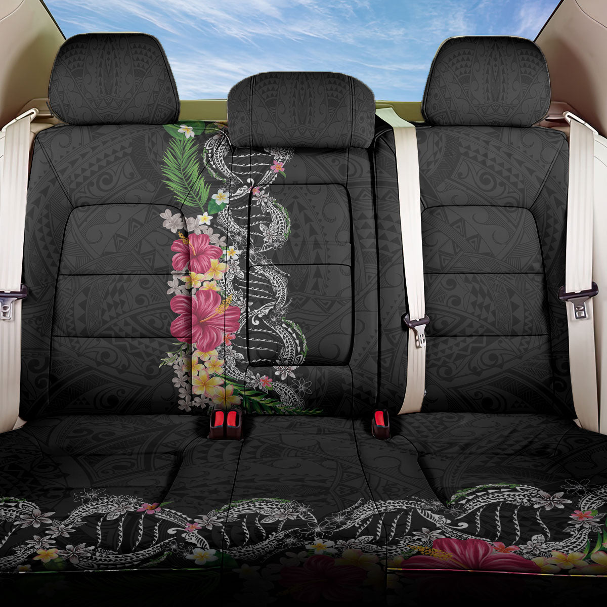 Hawaii DNA Kakau Tattoo Back Car Seat Cover with Plumeria and Hibiscus Tropical Plants Black Color