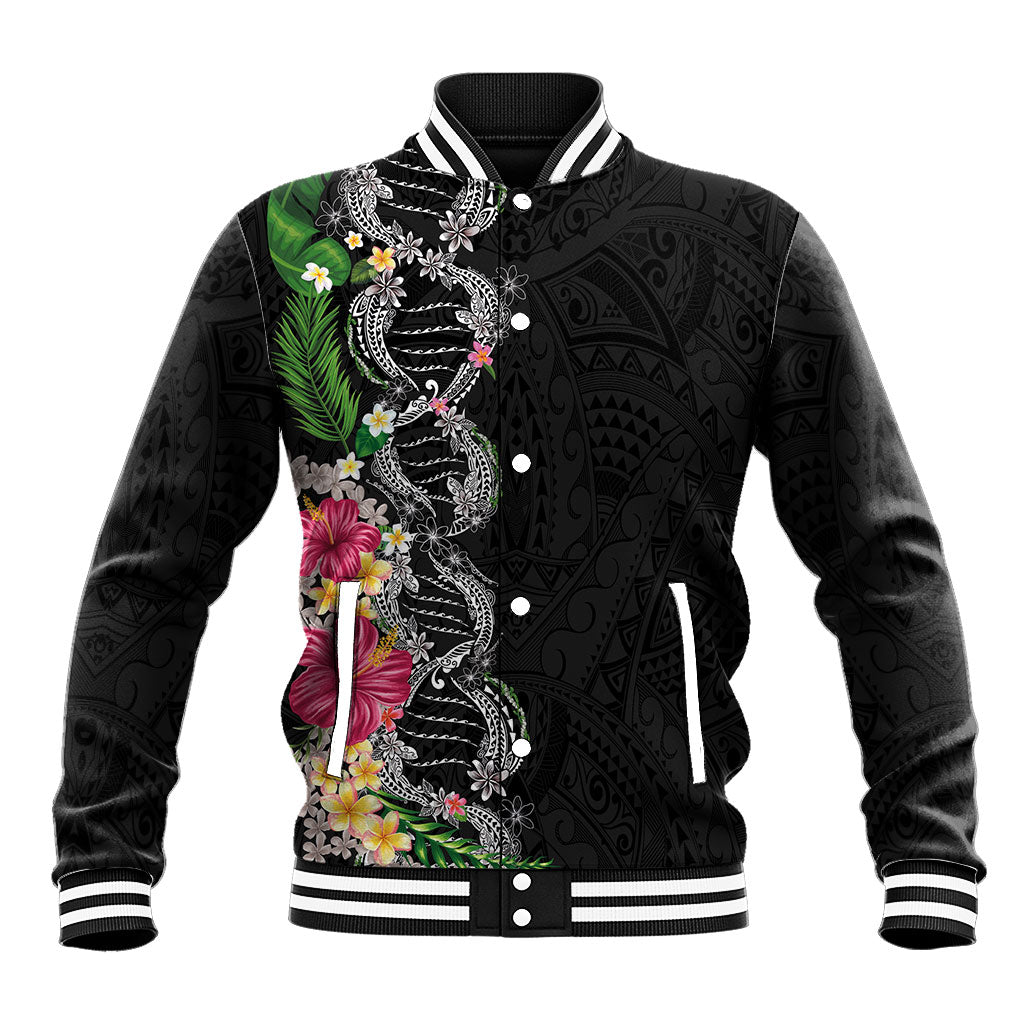 Hawaii DNA Kakau Tattoo Baseball Jacket with Plumeria and Hibiscus Tropical Plants Black Color