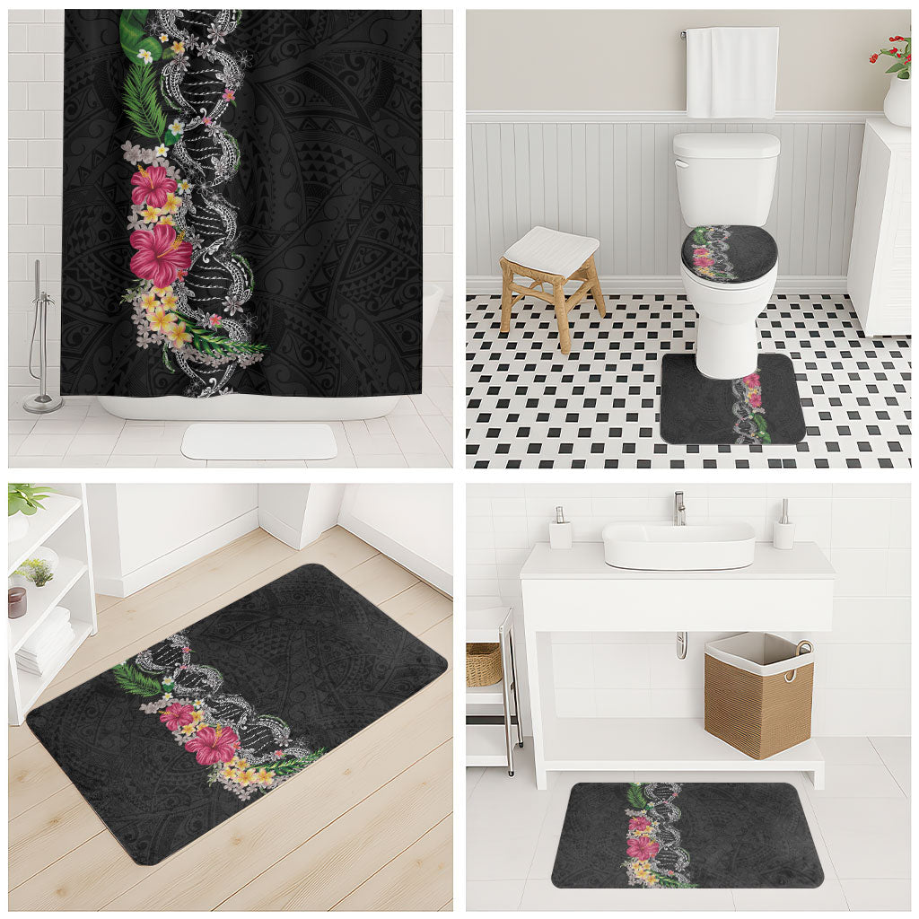Hawaii DNA Kakau Tattoo Bathroom Set with Plumeria and Hibiscus Tropical Plants Black Color