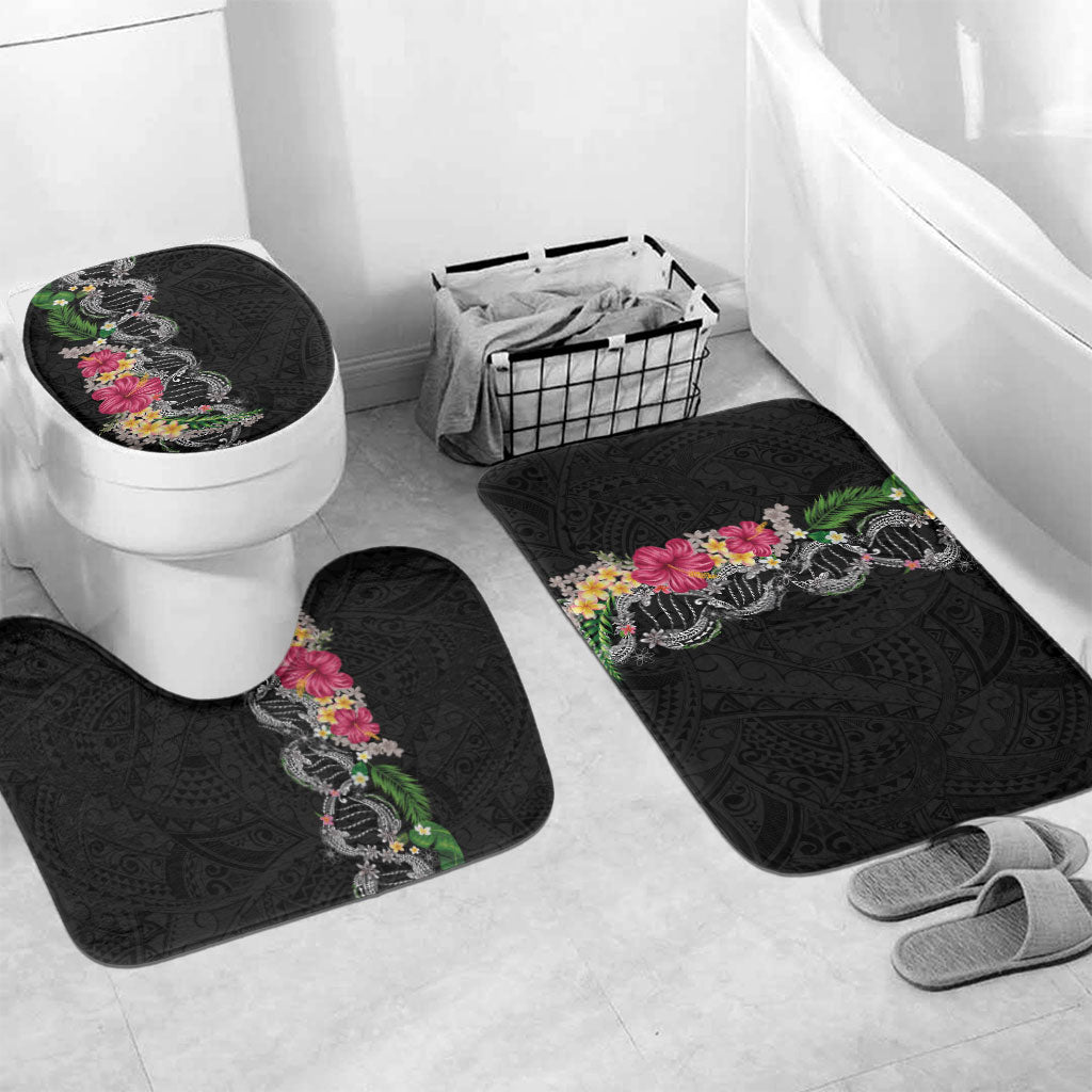 Hawaii DNA Kakau Tattoo Bathroom Set with Plumeria and Hibiscus Tropical Plants Black Color