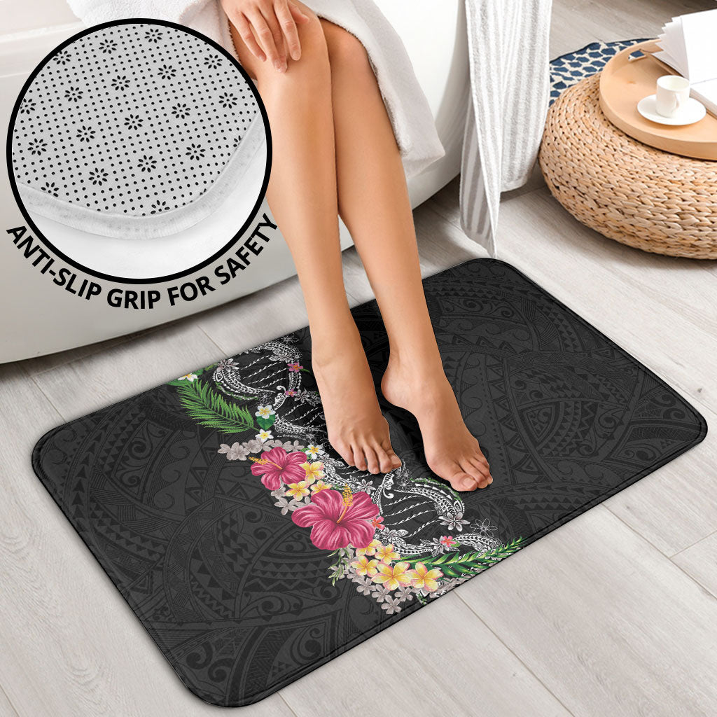 Hawaii DNA Kakau Tattoo Bathroom Set with Plumeria and Hibiscus Tropical Plants Black Color