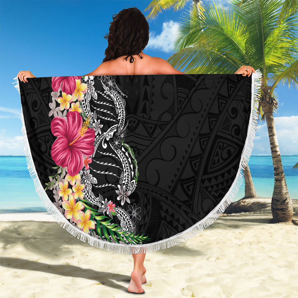 Hawaii DNA Kakau Tattoo Beach Blanket with Plumeria and Hibiscus Tropical Plants Black Color