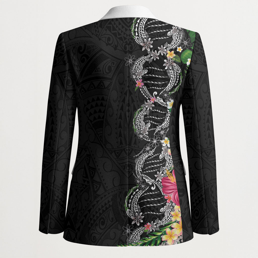 Hawaii DNA Kakau Tattoo Blazer with Plumeria and Hibiscus Tropical Plants Black Color