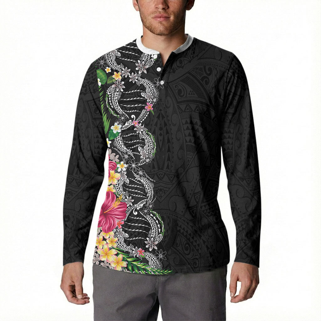 Hawaii DNA Kakau Tattoo Button Sweatshirt with Plumeria and Hibiscus Tropical Plants Black Color