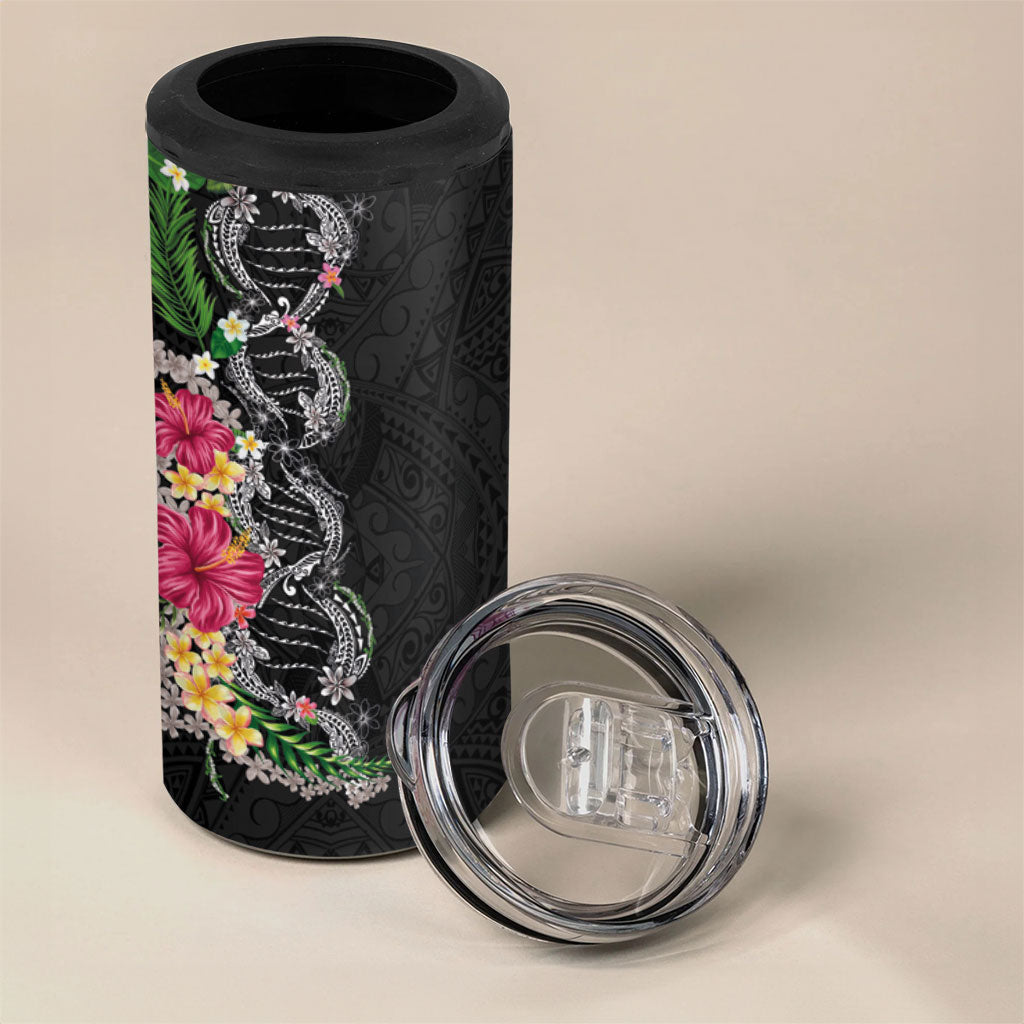 Hawaii DNA Kakau Tattoo 4 in 1 Can Cooler Tumbler with Plumeria and Hibiscus Tropical Plants Black Color
