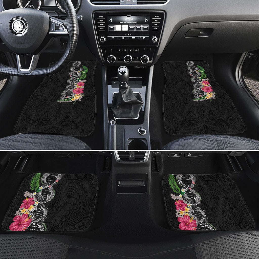 Hawaii DNA Kakau Tattoo Car Mats with Plumeria and Hibiscus Tropical Plants Black Color