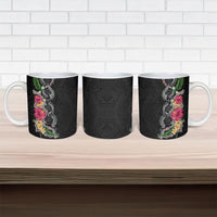 Hawaii DNA Kakau Tattoo Ceramic Mug with Plumeria and Hibiscus Tropical Plants Black Color