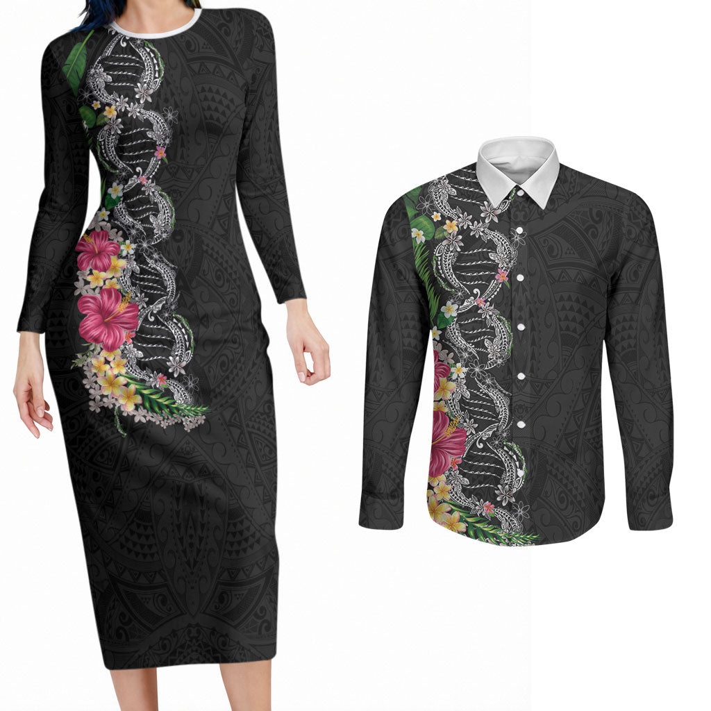Hawaii DNA Kakau Tattoo Couples Matching Long Sleeve Bodycon Dress and Long Sleeve Button Shirt with Plumeria and Hibiscus Tropical Plants Black Color
