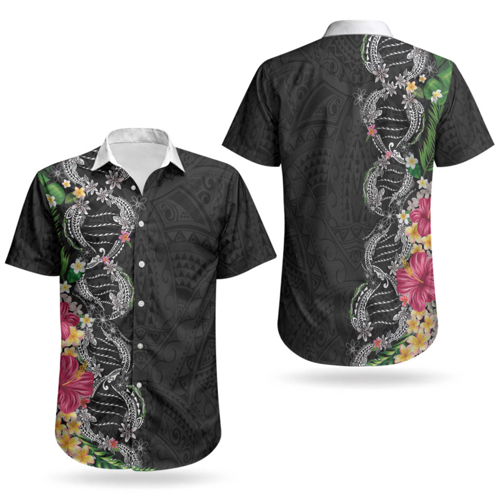 Hawaii DNA Kakau Tattoo Couples Matching Mermaid Dress and Hawaiian Shirt with Plumeria and Hibiscus Tropical Plants Black Color