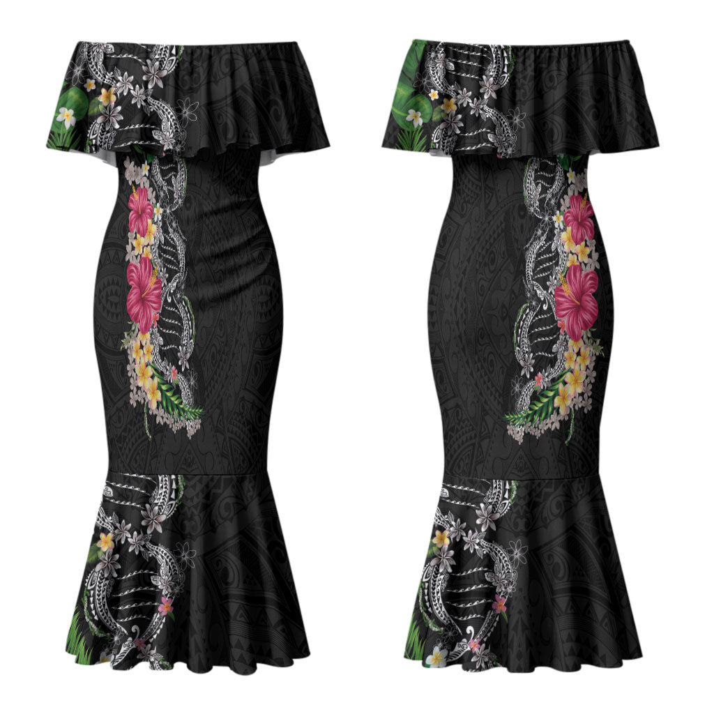 Hawaii DNA Kakau Tattoo Couples Matching Mermaid Dress and Hawaiian Shirt with Plumeria and Hibiscus Tropical Plants Black Color