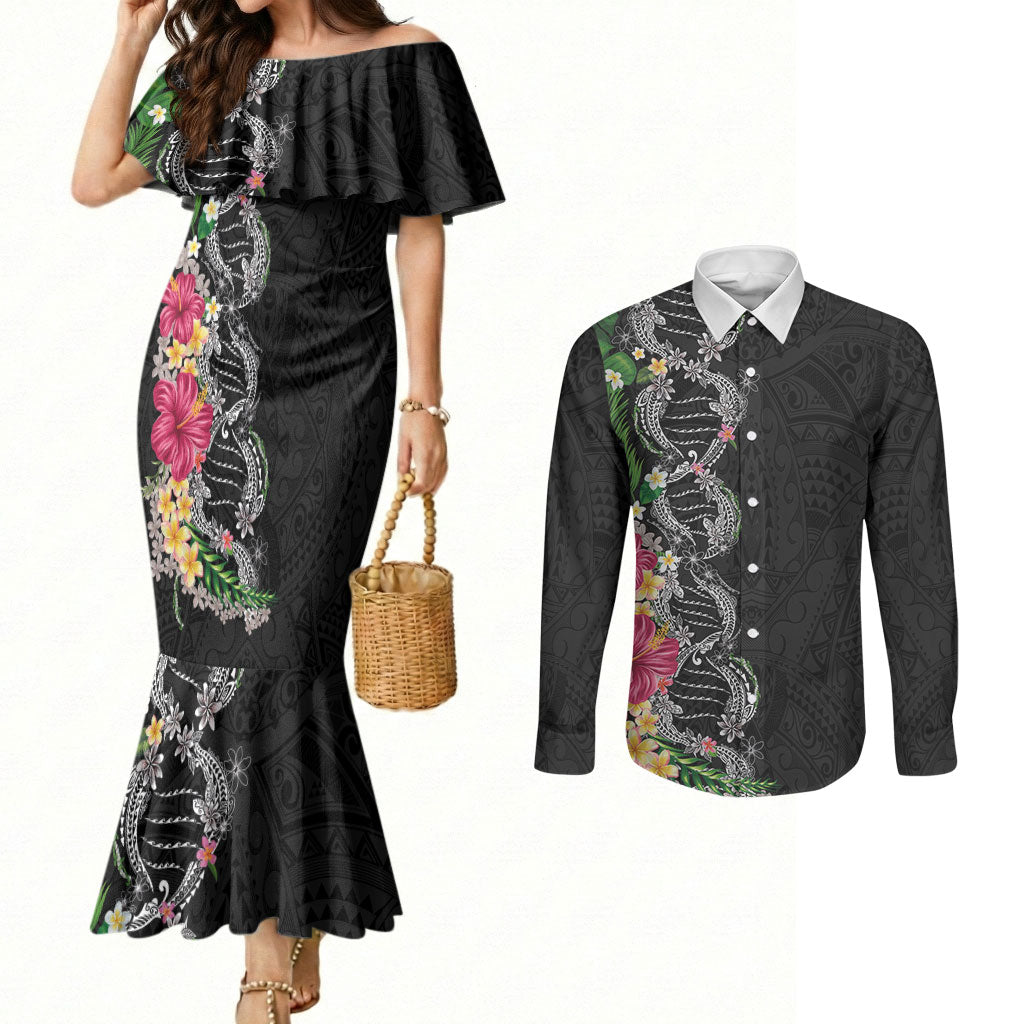 Hawaii DNA Kakau Tattoo Couples Matching Mermaid Dress and Long Sleeve Button Shirt with Plumeria and Hibiscus Tropical Plants Black Color
