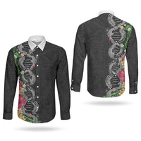 Hawaii DNA Kakau Tattoo Couples Matching Off Shoulder Maxi Dress and Long Sleeve Button Shirt with Plumeria and Hibiscus Tropical Plants Black Color