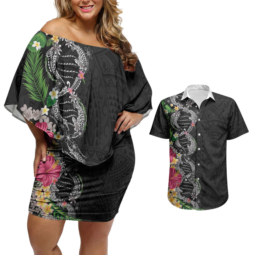 Hawaii DNA Kakau Tattoo Couples Matching Off Shoulder Short Dress and Hawaiian Shirt with Plumeria and Hibiscus Tropical Plants Black Color