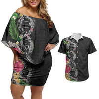 Hawaii DNA Kakau Tattoo Couples Matching Off Shoulder Short Dress and Hawaiian Shirt with Plumeria and Hibiscus Tropical Plants Black Color