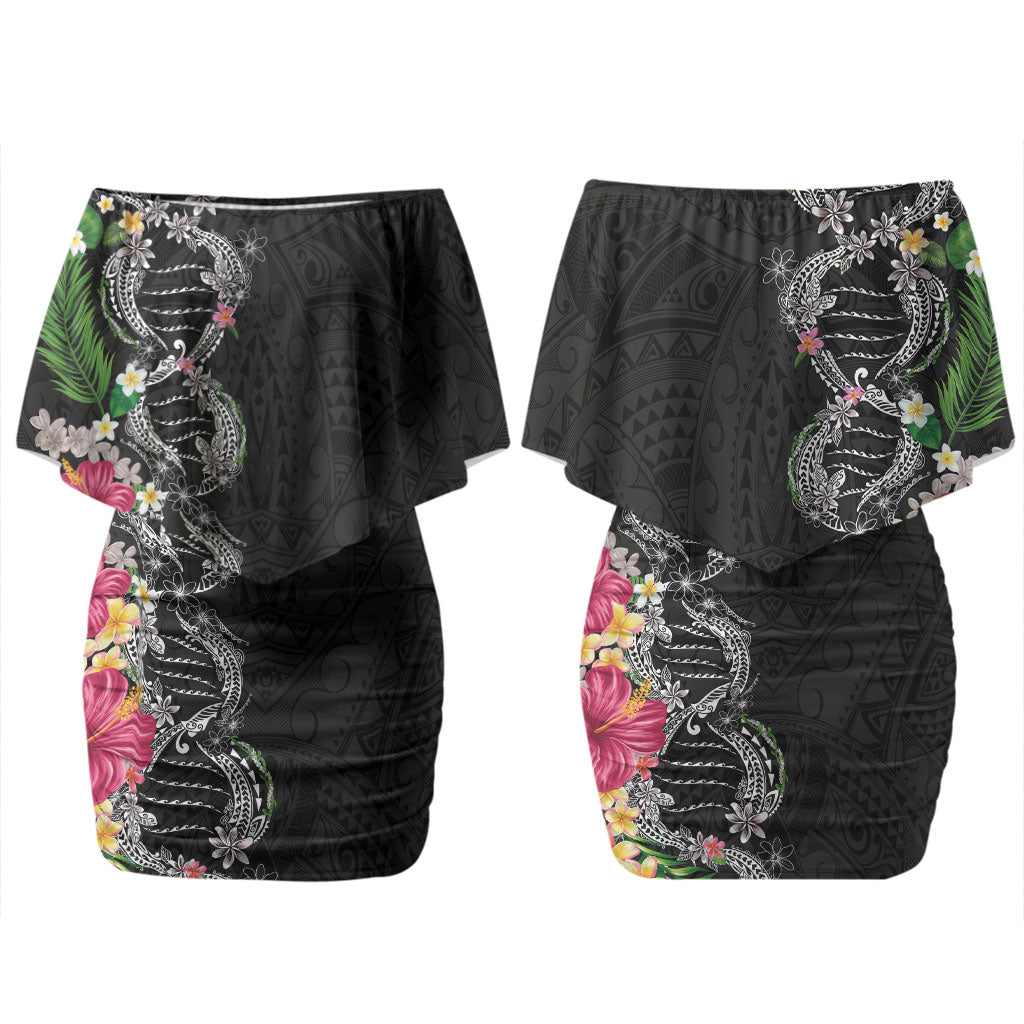 Hawaii DNA Kakau Tattoo Couples Matching Off Shoulder Short Dress and Hawaiian Shirt with Plumeria and Hibiscus Tropical Plants Black Color