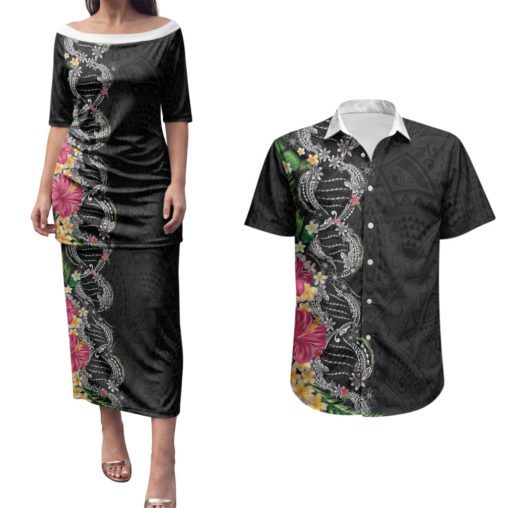 Hawaii DNA Kakau Tattoo Couples Matching Puletasi and Hawaiian Shirt with Plumeria and Hibiscus Tropical Plants Black Color