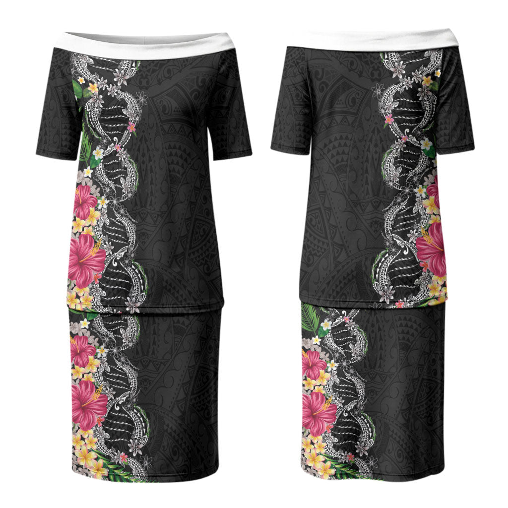 Hawaii DNA Kakau Tattoo Couples Matching Puletasi and Hawaiian Shirt with Plumeria and Hibiscus Tropical Plants Black Color