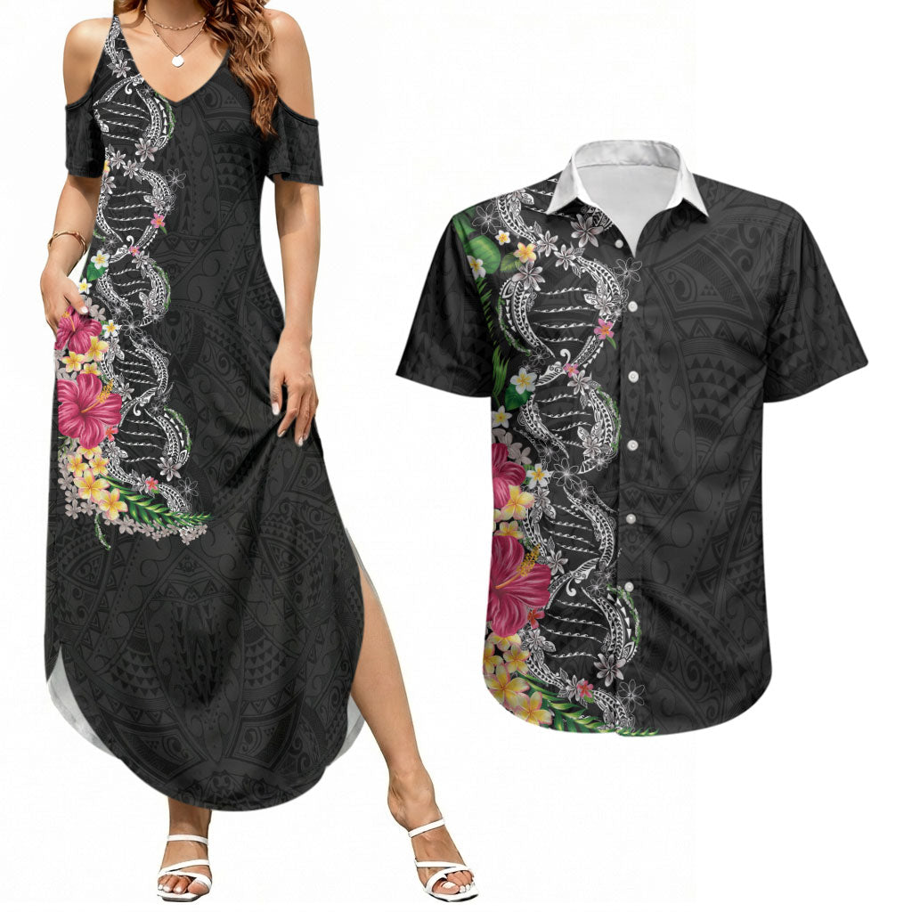 Hawaii DNA Kakau Tattoo Couples Matching Summer Maxi Dress and Hawaiian Shirt with Plumeria and Hibiscus Tropical Plants Black Color