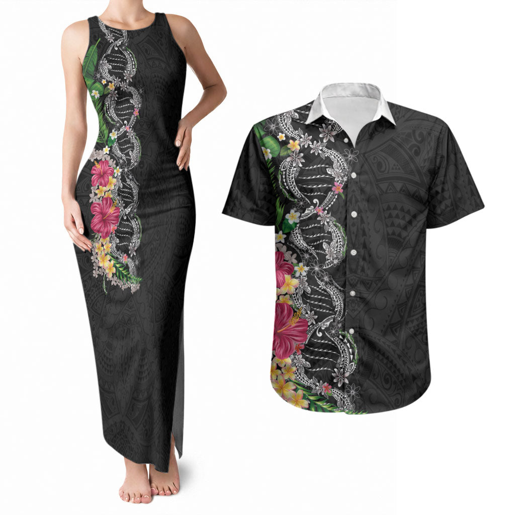 Hawaii DNA Kakau Tattoo Couples Matching Tank Maxi Dress and Hawaiian Shirt with Plumeria and Hibiscus Tropical Plants Black Color LT03 Black - Polynesian Pride