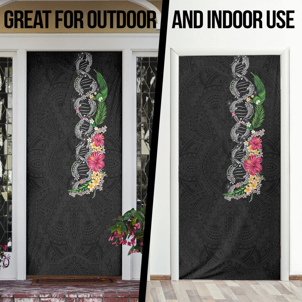 Hawaii DNA Kakau Tattoo Door Cover with Plumeria and Hibiscus Tropical Plants Black Color