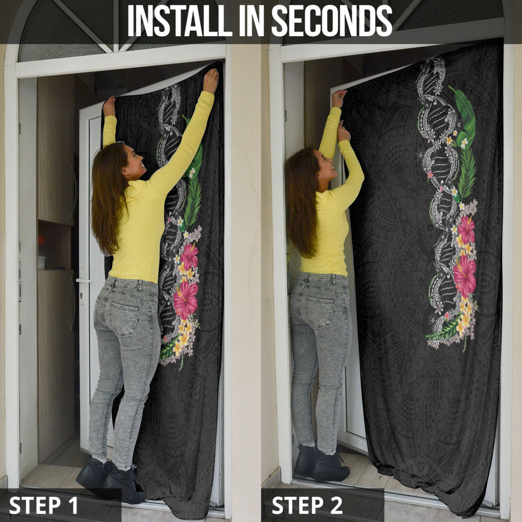 Hawaii DNA Kakau Tattoo Door Cover with Plumeria and Hibiscus Tropical Plants Black Color