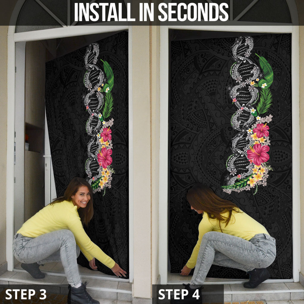 Hawaii DNA Kakau Tattoo Door Cover with Plumeria and Hibiscus Tropical Plants Black Color