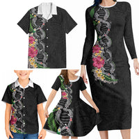 Hawaii DNA Kakau Tattoo Family Matching Long Sleeve Bodycon Dress and Hawaiian Shirt with Plumeria and Hibiscus Tropical Plants Black Color