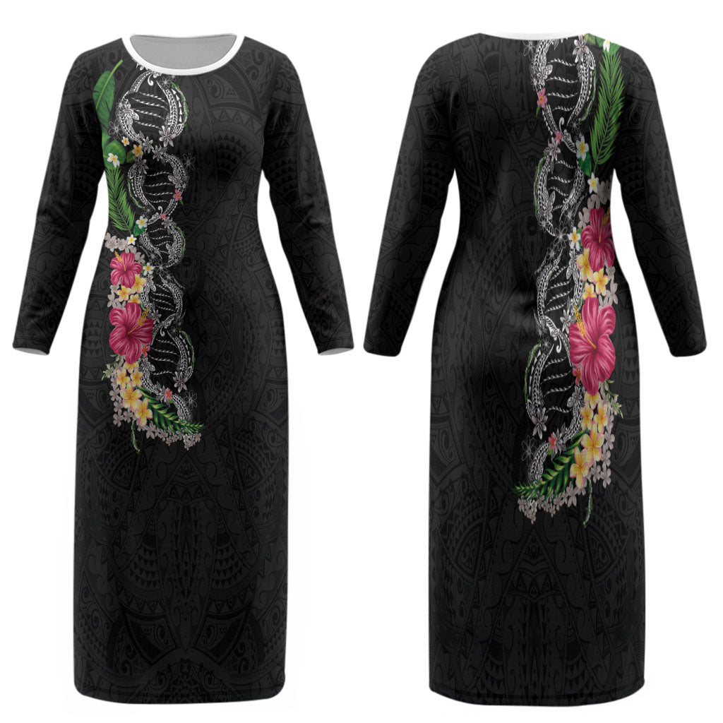 Hawaii DNA Kakau Tattoo Family Matching Long Sleeve Bodycon Dress and Hawaiian Shirt with Plumeria and Hibiscus Tropical Plants Black Color