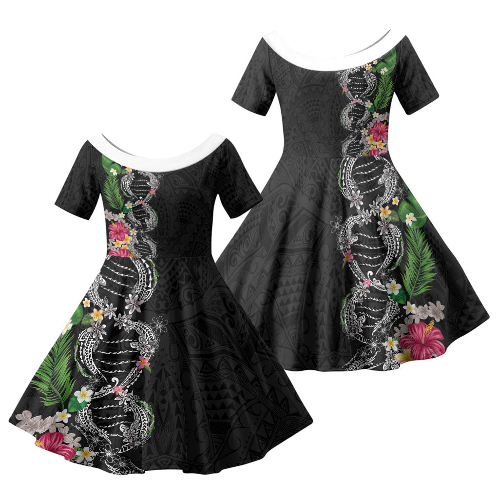 Hawaii DNA Kakau Tattoo Family Matching Long Sleeve Bodycon Dress and Hawaiian Shirt with Plumeria and Hibiscus Tropical Plants Black Color