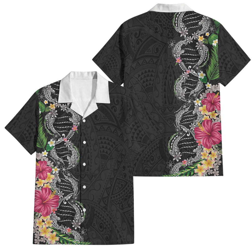 Hawaii DNA Kakau Tattoo Family Matching Off The Shoulder Long Sleeve Dress and Hawaiian Shirt with Plumeria and Hibiscus Tropical Plants Black Color