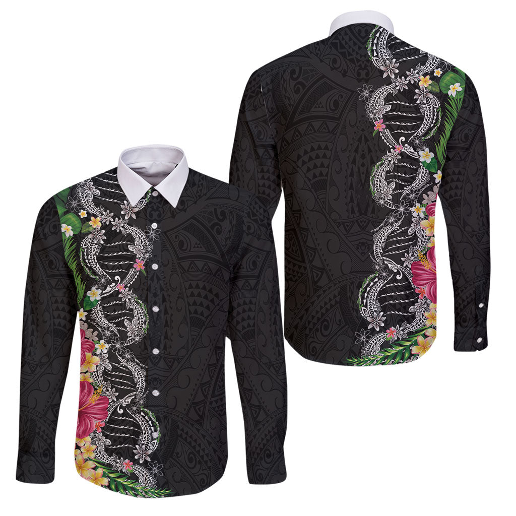Hawaii DNA Kakau Tattoo Family Matching Summer Maxi Dress and Hawaiian Shirt with Plumeria and Hibiscus Tropical Plants Black Color