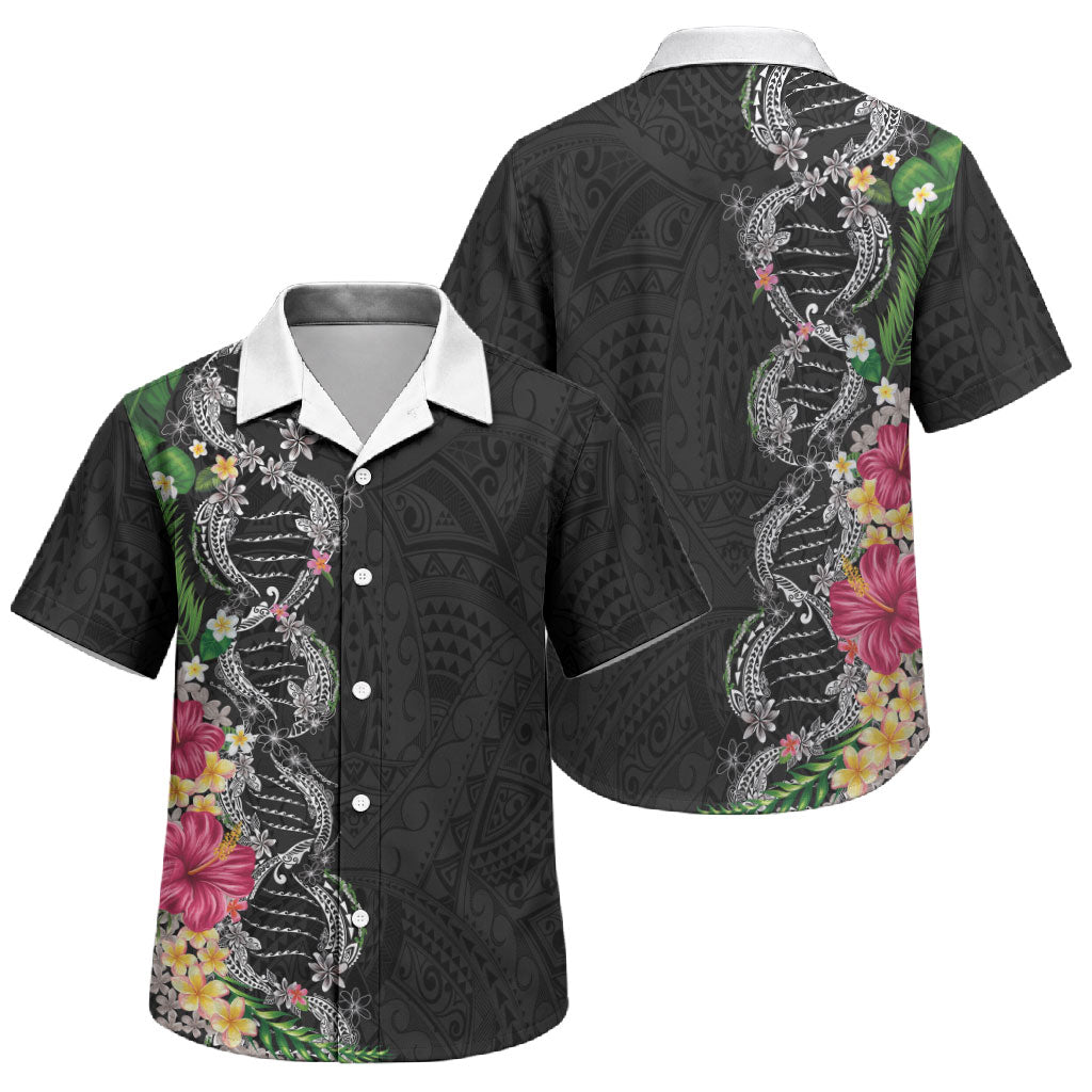 Hawaii DNA Kakau Tattoo Family Matching Summer Maxi Dress and Hawaiian Shirt with Plumeria and Hibiscus Tropical Plants Black Color