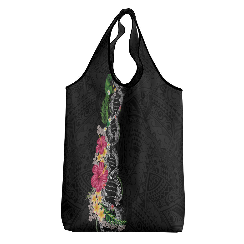 Hawaii DNA Kakau Tattoo Grocery Bag with Plumeria and Hibiscus Tropical Plants Black Color