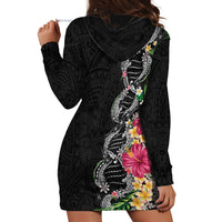 Hawaii DNA Kakau Tattoo Hoodie Dress with Plumeria and Hibiscus Tropical Plants Black Color LT03 - Polynesian Pride