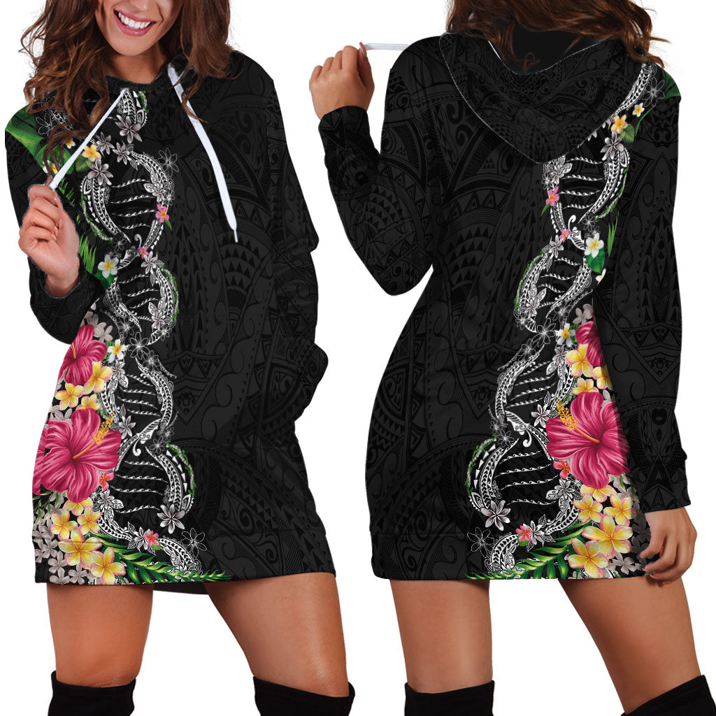 Hawaii DNA Kakau Tattoo Hoodie Dress with Plumeria and Hibiscus Tropical Plants Black Color LT03 - Polynesian Pride