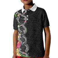 Hawaii DNA Kakau Tattoo Kid Polo Shirt with Plumeria and Hibiscus Tropical Plants Black Color