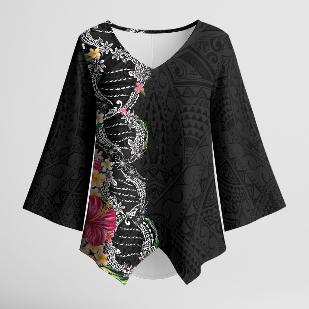 Hawaii DNA Kakau Tattoo Kimono Sleeve Blouse with Plumeria and Hibiscus Tropical Plants Black Color