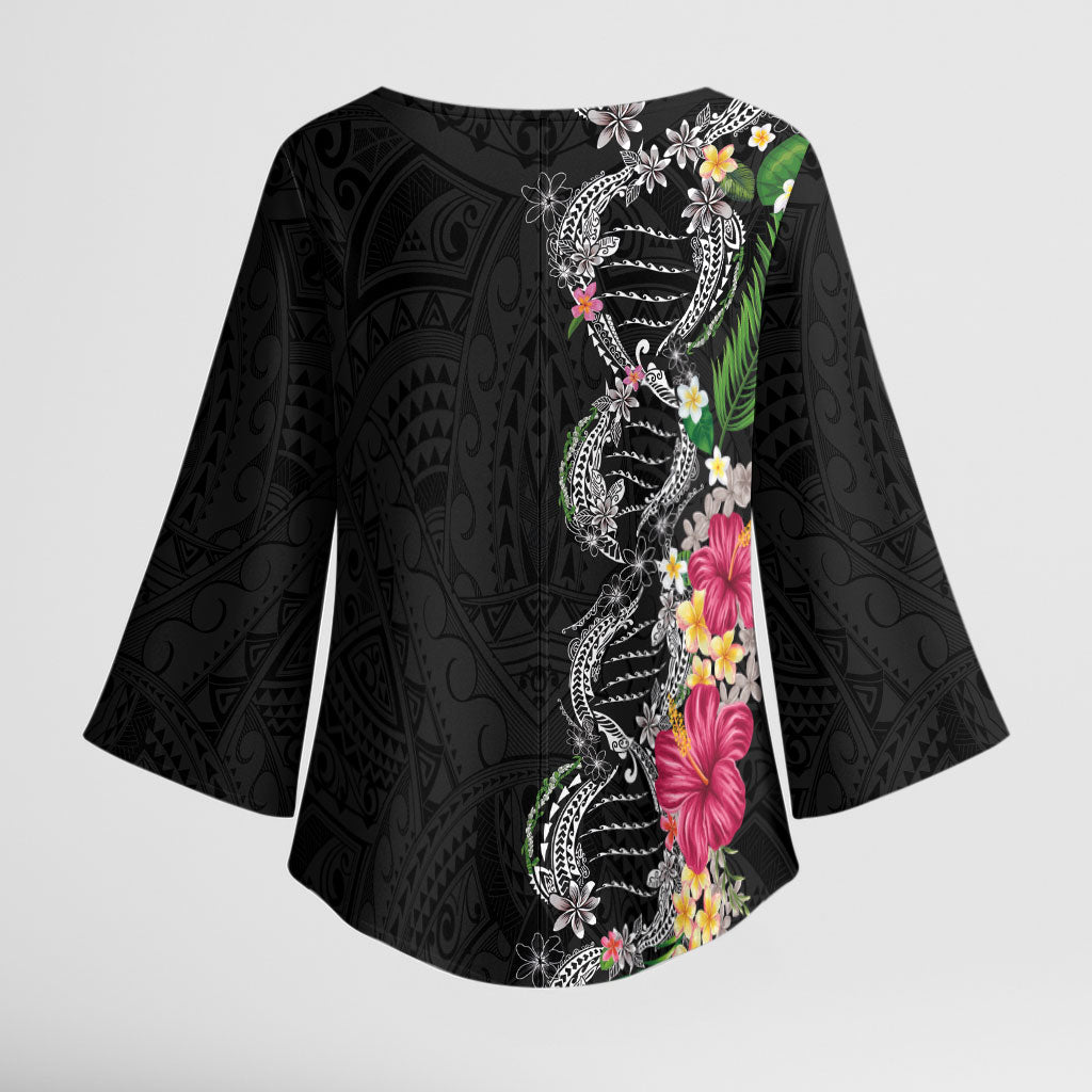 Hawaii DNA Kakau Tattoo Kimono Sleeve Blouse with Plumeria and Hibiscus Tropical Plants Black Color