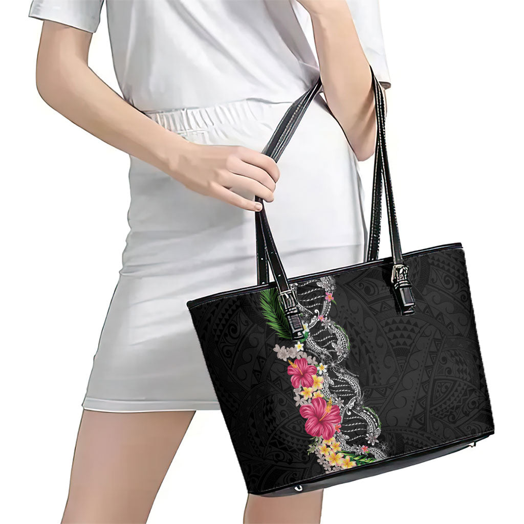 Hawaii DNA Kakau Tattoo Leather Tote Bag with Plumeria and Hibiscus Tropical Plants Black Color