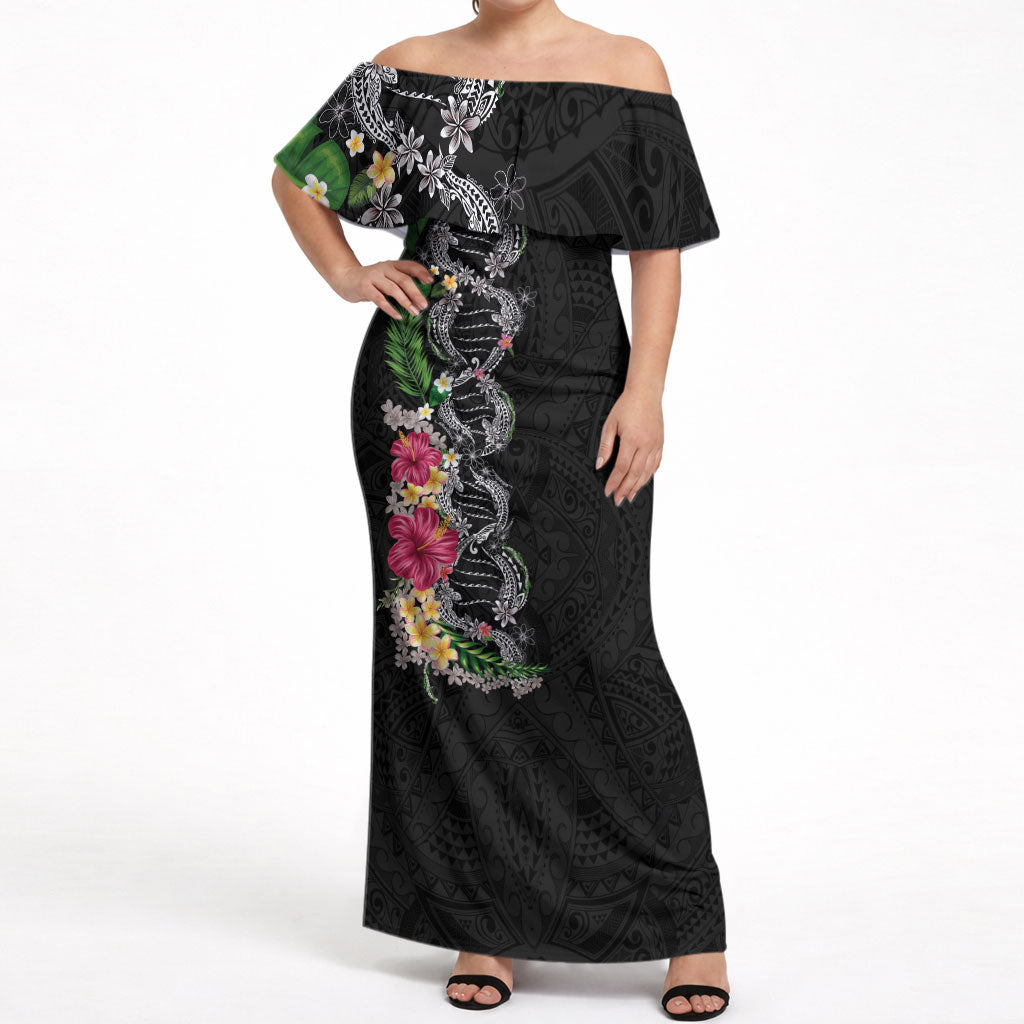 Hawaii DNA Kakau Tattoo Off Shoulder Maxi Dress with Plumeria and Hibiscus Tropical Plants Black Color
