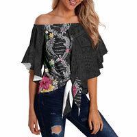 Hawaii DNA Kakau Tattoo Off Shoulder Wrap Waist Top with Plumeria and Hibiscus Tropical Plants Black Color LT03 - Polynesian Pride
