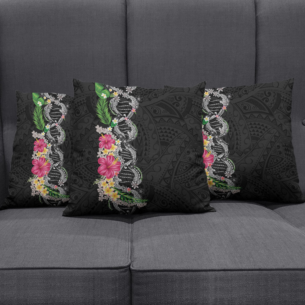 Hawaii DNA Kakau Tattoo Pillow Cover with Plumeria and Hibiscus Tropical Plants Black Color LT03 - Polynesian Pride