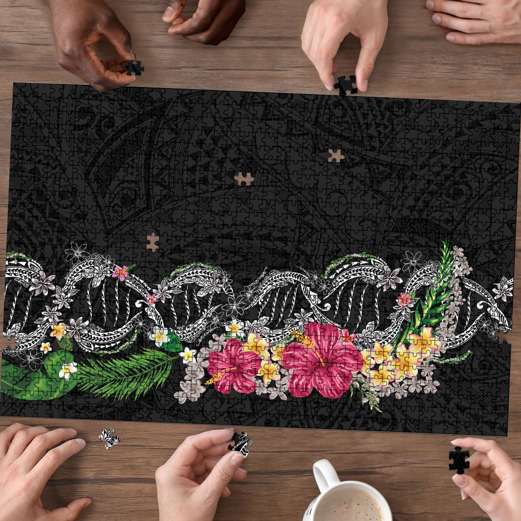 Hawaii DNA Kakau Tattoo Puzzle with Plumeria and Hibiscus Tropical Plants Black Color