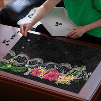 Hawaii DNA Kakau Tattoo Puzzle with Plumeria and Hibiscus Tropical Plants Black Color