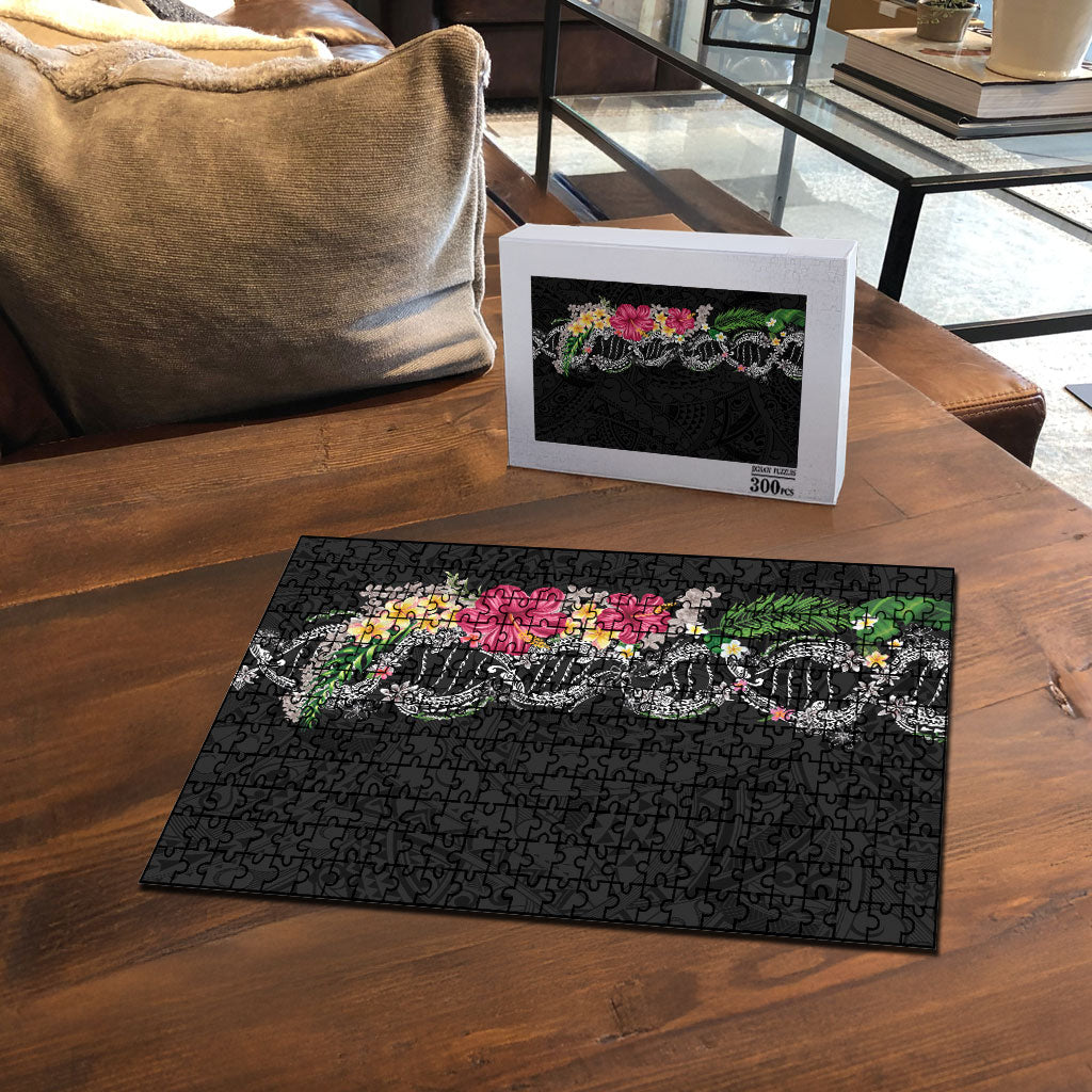 Hawaii DNA Kakau Tattoo Puzzle with Plumeria and Hibiscus Tropical Plants Black Color